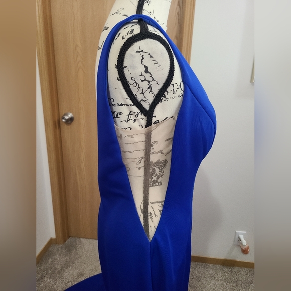 Jovani 08695 deep v-neck slit Cobalt royal illusion simple prom formal dress - Picture 3 of 8